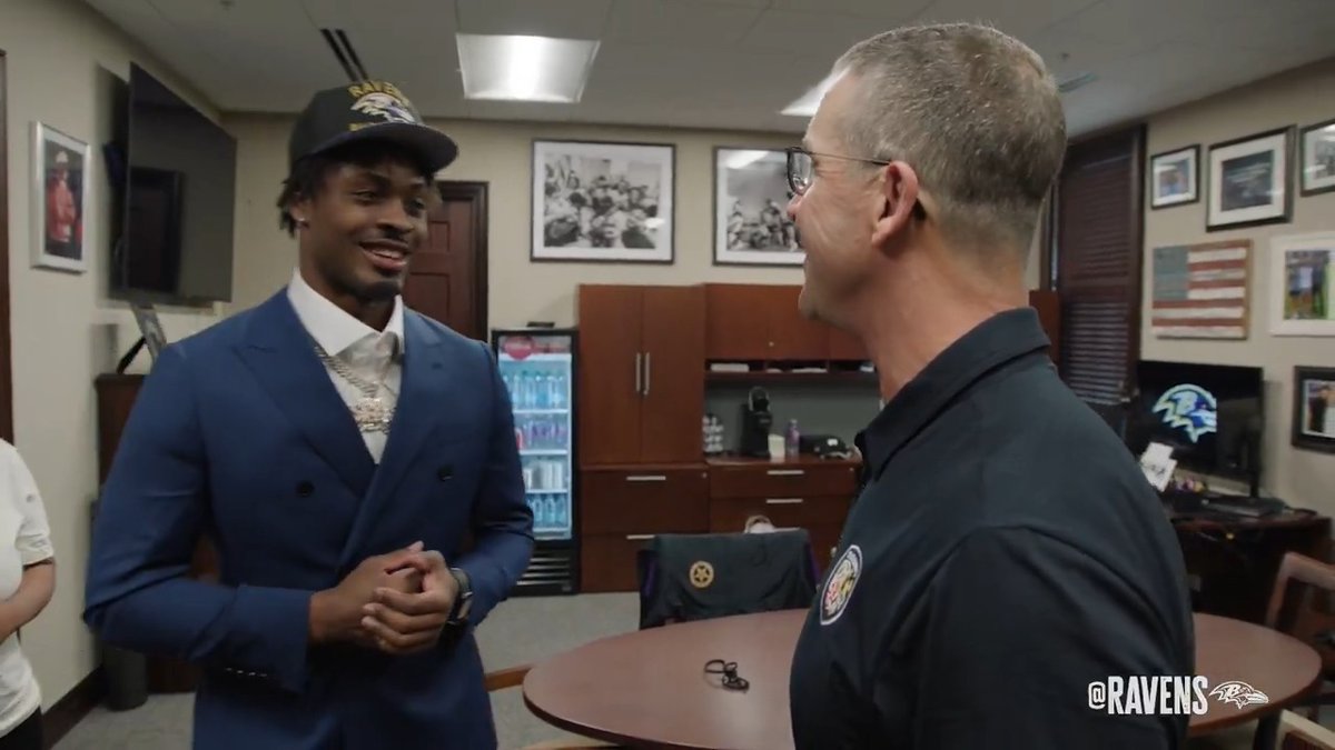 "Do I get one of those 30 seconds hugs like Goodell??" 😂 Harbs welcomes malaki starks