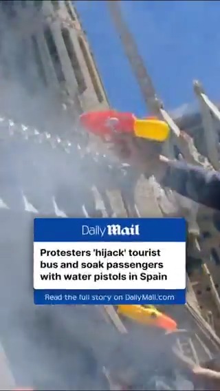 Anti-tourism protesters in Spain 'hijack' bus with water pistols.