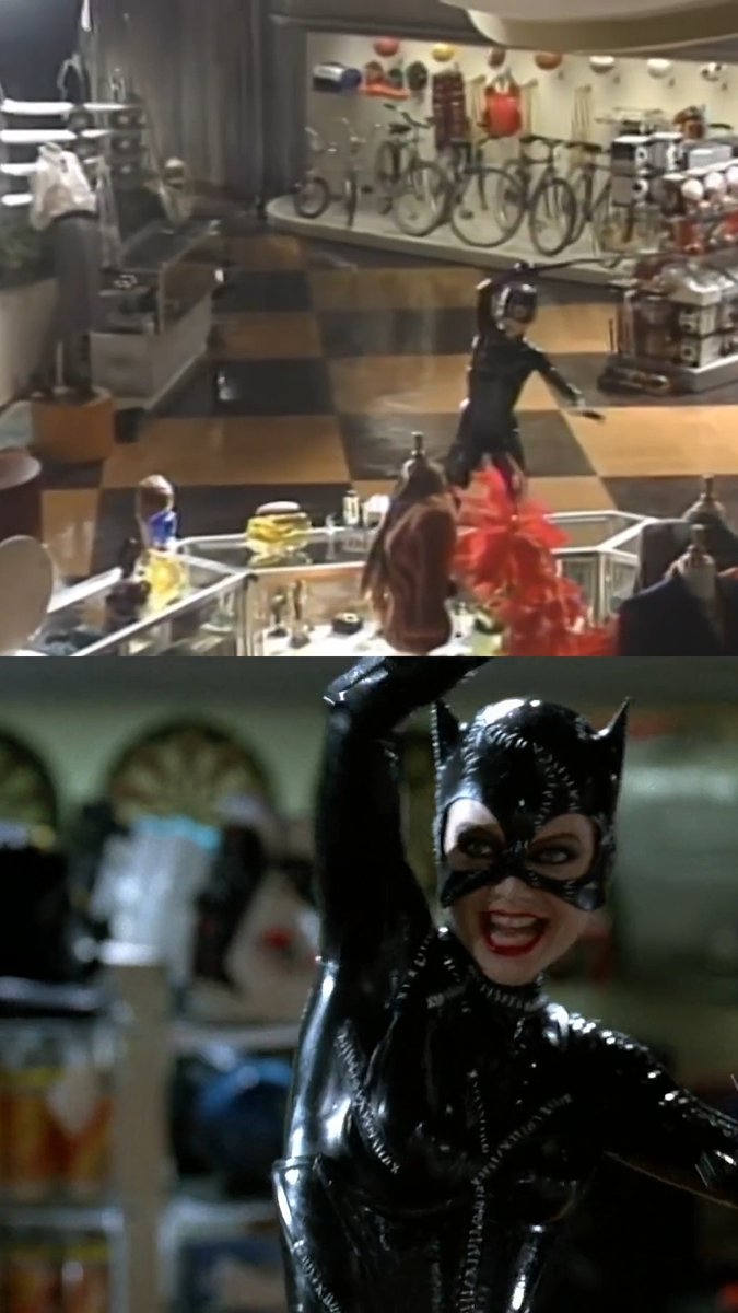Michelle Pfeiffer as Catwoman in BATMAN RETURNS whipping mannequin heads off in one take. The film received nominations for Visual Effects and Makeup at the 65th Oscars.