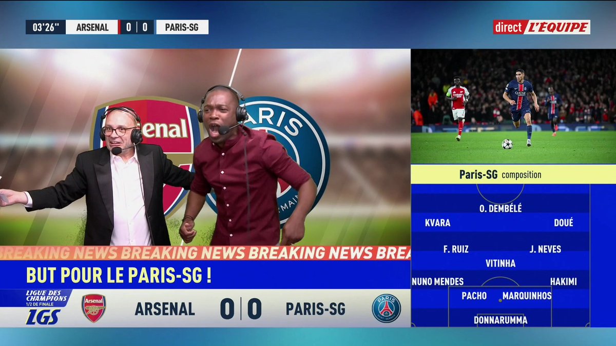 Ousmane Dembélé ouvre le score pour Paris ! La grande soirée, Arsenal-PSG, sur la chaine L'Équipe > #ARSPSG