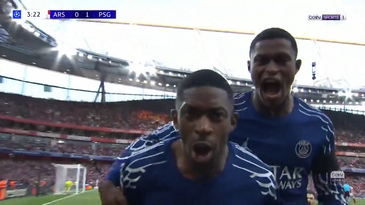 GOAL! What a start for PSG 🔥 Man of the moment Ousmane Dembélé produces a brilliant first time finish! #beINUCL #ARSPSG #UCL