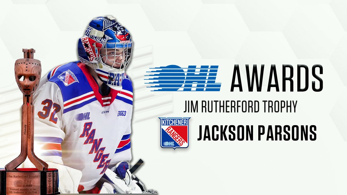 2025 #OHLAwards 🏆 Jackson Parsons becomes the first Kitchener Rangers goaltender in over 30 years to claim the Jim Rutherford Trophy as #OHL Goaltender of the Year, backstopping them to their fourth 100-point season in franchise history. DETAILS 📰: