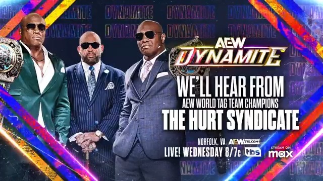TOMORROW #AEWDynamite LIVE, 8pm ET/7pm CT on TBS Network + @SportsOnMAX We'll hear from AEW World Tag Team Champions The Hurt Syndicate As Maxwell Jacob Friedman™️ continues to pursue the elusive final thumbs-up from Bobby Lashley, we’ll hear from the champs Lashley + Shelton J. Benjamin, + MVP!