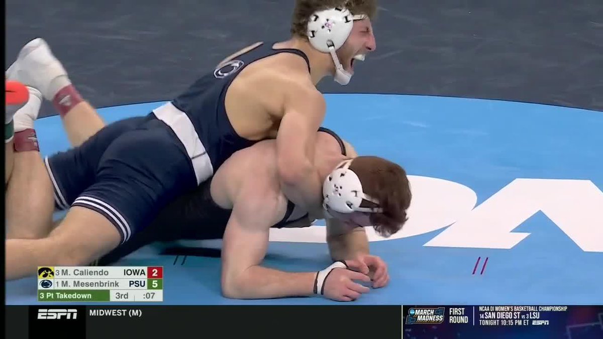 A Takedown to Seal the Deal ‼️ Mitchell Mesenbrink sealed his first-ever National Championship with this takedown 👏 Penn State WRESTLING #TakedownTuesday x #B1GWrestling