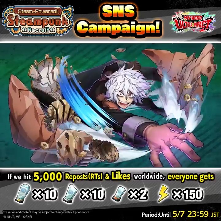 [New UR Shigaraki Release SNS Campaign] Steam-Powered! Steampunk Step Up Recruit: Tomura Shigaraki UR [Steampunk] Tomura Shigaraki Shigaraki in steampunk attire arrives as a new UR character! Let's REPOST &amp; LIKE to get the rewards! #MHUI #MyHeroUltraImpact #MyHeroAcademia