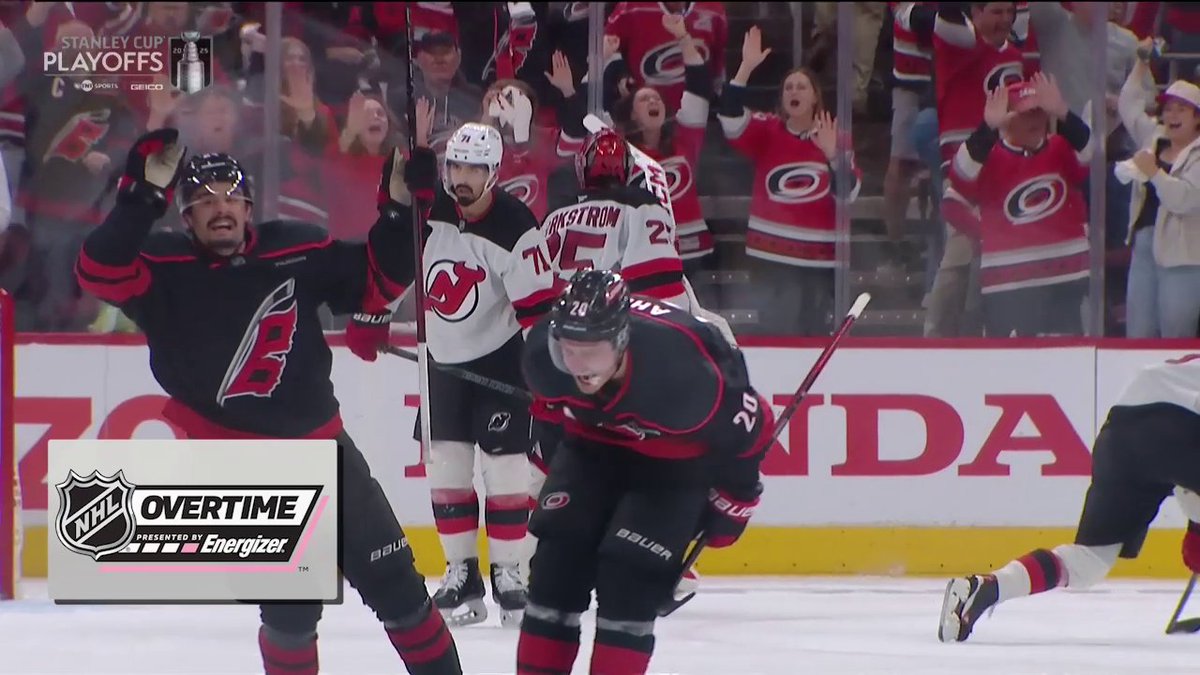 SERIES WINNER IN DOUBLE OT 🗣️ Sebastian Aho scores in Energizer double overtime to send the Carolina Hurricanes to the Second Round! #StanleyCup
