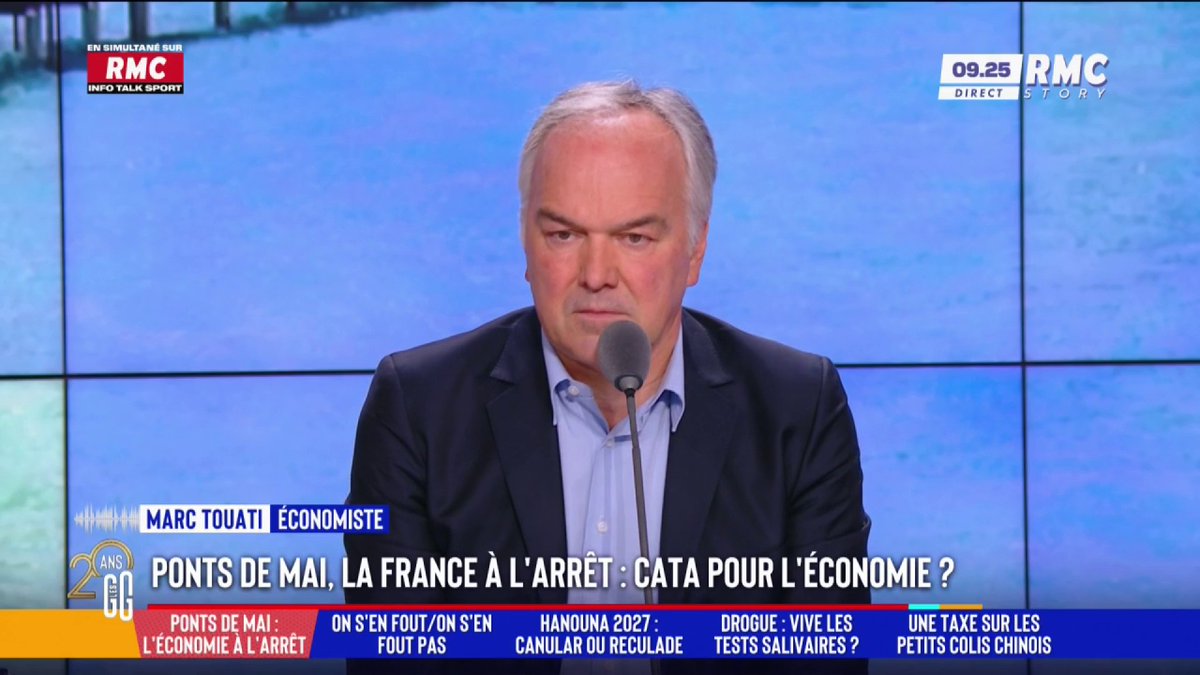 📉 Ponts de mai : la France à l’arrêt ! Une catastrophe pour l’économie ? 🎙️ Marc Touati, économiste : "Les jours de travail en moins, ça fait environ 10 milliards € de PIB perdu au mois de mai. Pour les PME, ça va être compliqué." #GGRMC