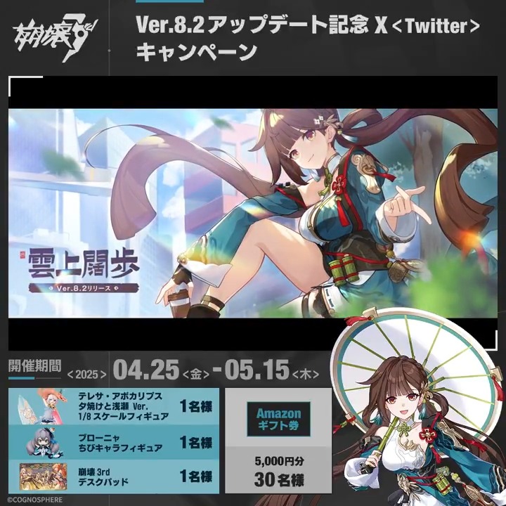 #崩壊3rd Ver.8.2 21日間記念キャンペーン7日目 抽選で3名様にグッズ、30名様に #アマギフ 5000円分をプレゼント! ▼参加方法 ①崩壊3rd公式 をフォロー ②ポストをRP ※当選者様には後日DMにてご連絡いたします ※〆切:5/15 ▼規約 #崩壊3rdCP #LiSushangReturn #雲上闊歩