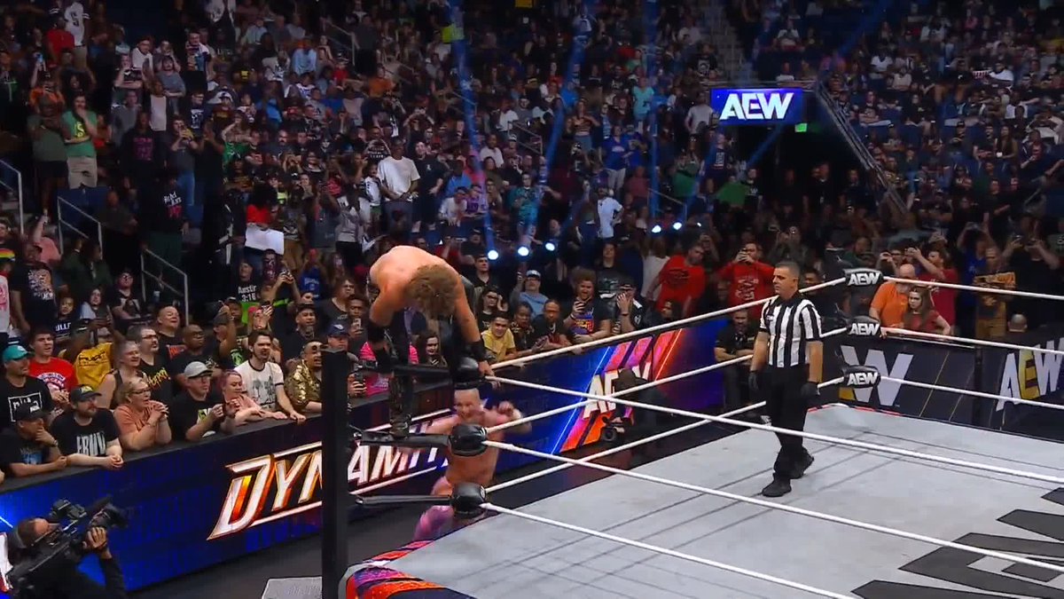 Kyle Fletcher SPIKED Hangman Adam Page on the apron! Watch #AEWDynamite LIVE on TBS &amp; MAX @KyleFletcherPro