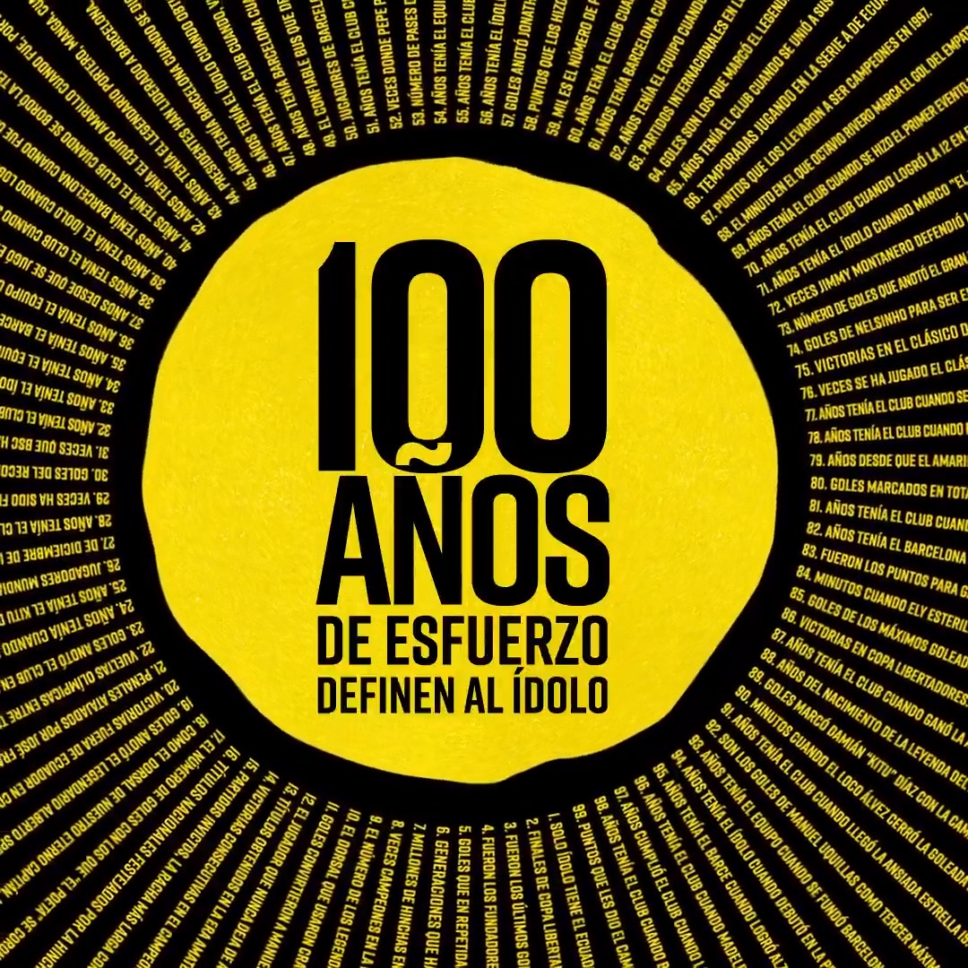 100 años de historia. 100 años de esfuerzo. 100 hitos inolvidables. BARCELONA S.C. hoy celebramos el legado que has construido y que perdurará en la memoria de los hinchas toreros. 💛 ¡Felicitaciones, ídolo! #CentenarioBSC