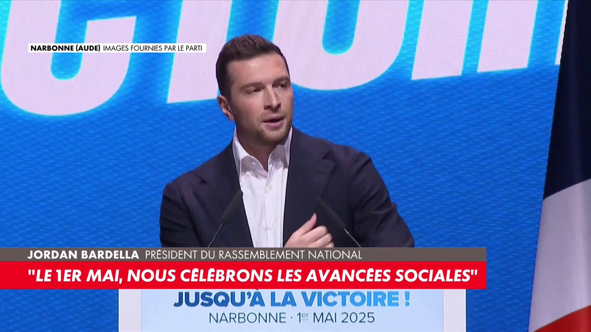 «Le Rassemblement national devient, chaque jour un peu plus, le parti de la France du travail», s’exclame Jordan Bardella, lors du meeting du Rassemblement National, à Narbonne