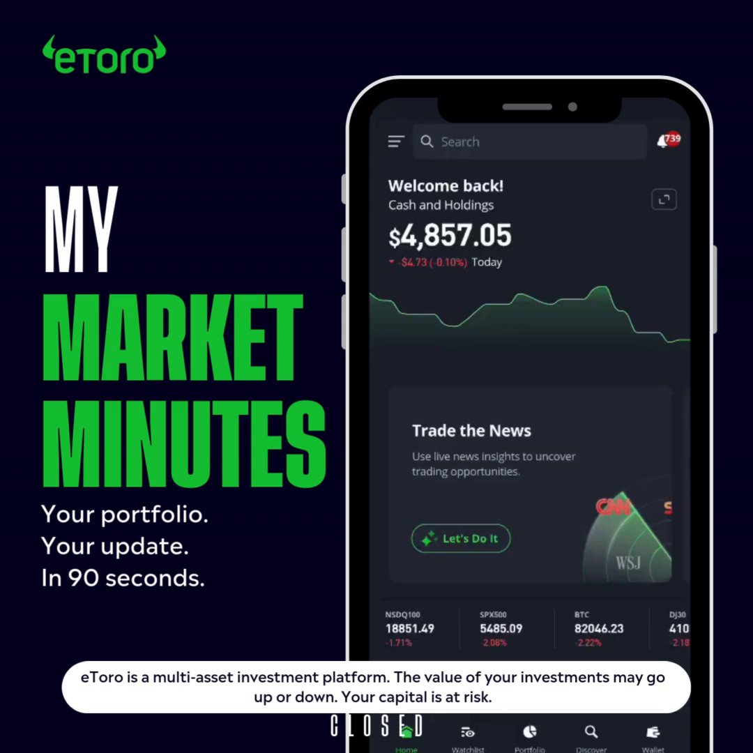 🎧 Have you tried My Market Minutes yet? It’s your AI-powered, personalised market update, delivered daily in just 90 seconds. ✅ Tailored to your portfolio ✅ Quick + easy to listen to anywhere ✅ Found right on your eToro Home Page Perfect for your coffee run, commute, or quick break. 📲 Log in and give it a listen!