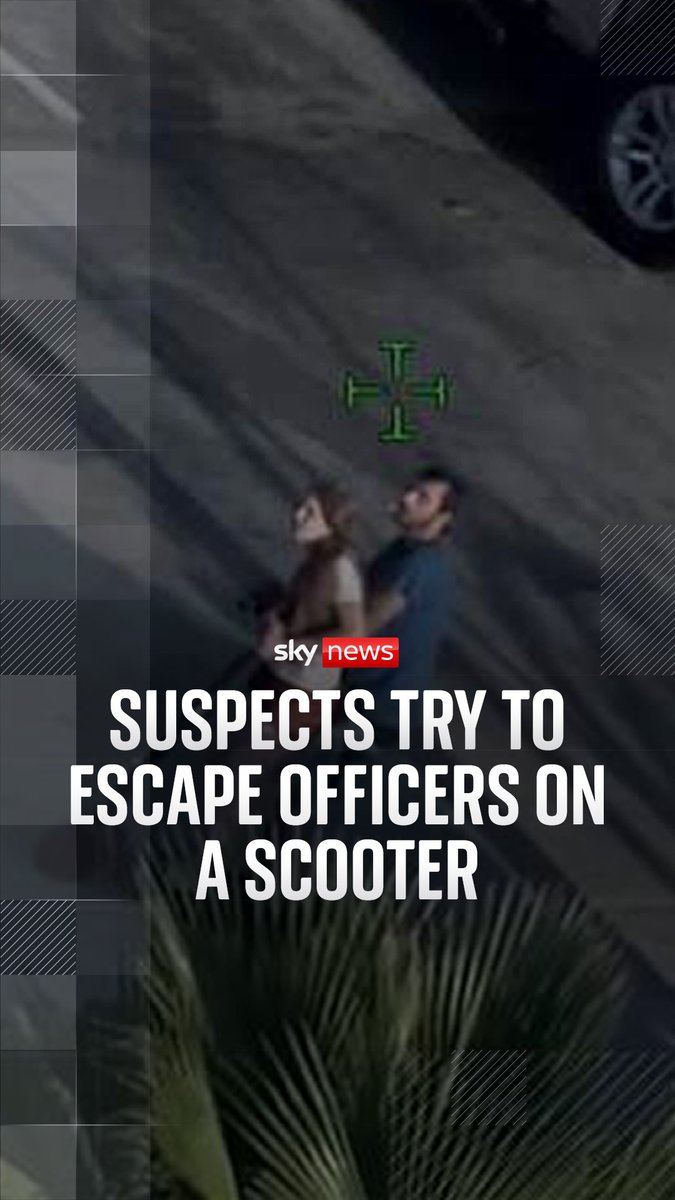 Two people attempted to escape a police raid on an electric scooter, before shortly falling off it.