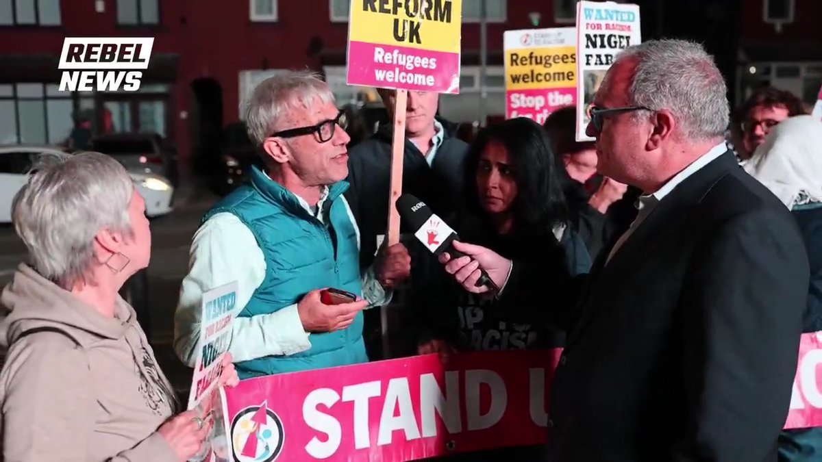 "Nigel Farage's party is a racist party through and through": @EzraLevant hears from a protester rallying against Reform UK outside of a ballot counting centre during the Runcorn and Helsby by-election.