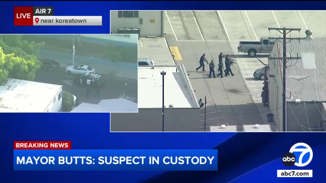 #UPDATE Inglewood Mayor James Butts said the suspect was taken into custody in the Koreatown area. Los Angeles police said a person detained matches the suspect's description, but is waiting for Inglewood police to confirm if the person is the suspected shooter. READ MORE: