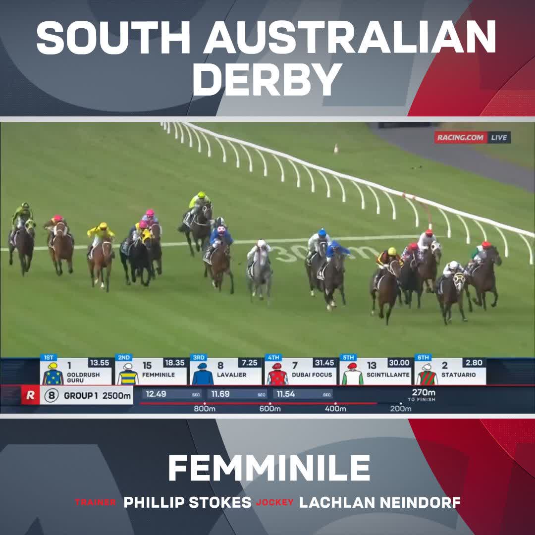 It's a maiden G1 triumph for Femminile who grabs the lead in the final furlong &amp; holds off the fast-finishing favourite to win the South Australian Derby 🙌 Phillip Stokes Racing Lachy Neindorf