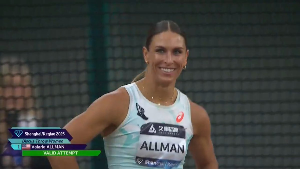 Valarie Allman threw this monster in her fifth attempt at the Shanghai Diamond League. It went for 70.08m. Allman takes the victory in the women's discus. Join us LIVE on FloTrack for more throughout the morning. #ShanghaiDL