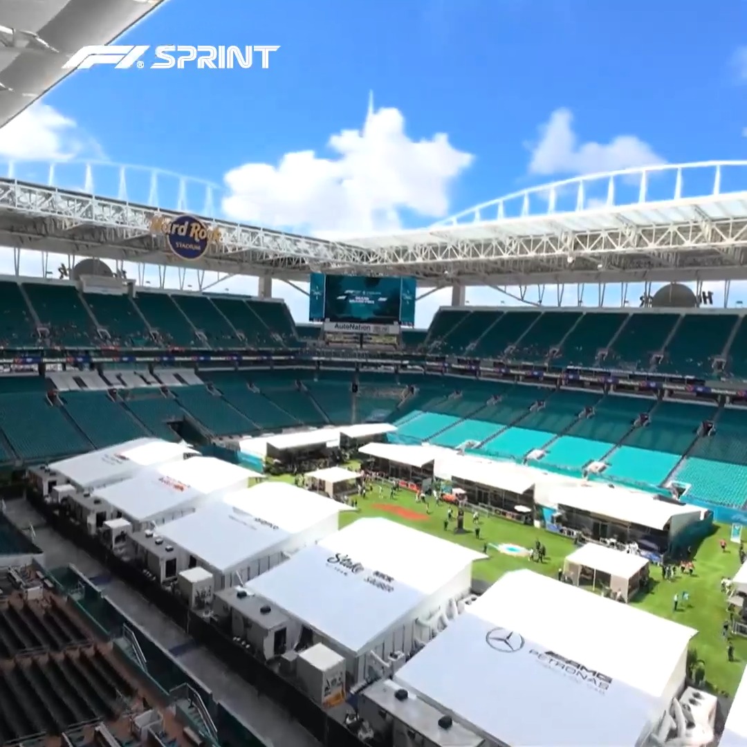You can't beat a drone's eye view! 👀 Miami's Hard Rock Stadium is a unique venue for the paddock, housing all ten teams! 🏟️ #F1 #MiamiGP