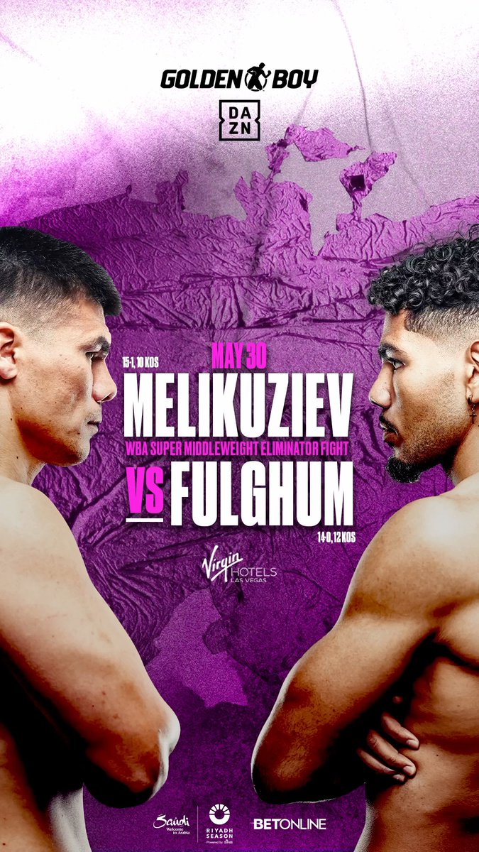 𝐔𝐏 𝐍𝐄𝐗𝐓 for Golden Boy! 🌟 Bektemir Melikuziev and Darius Fulghum go head-to-head in a WBA super middleweight eliminator fight in Las Vegas May 30th! 🥊🎰💥