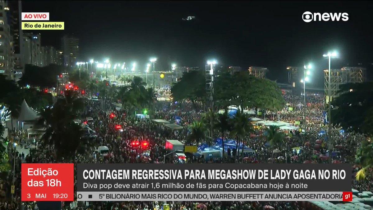 Multidão de pessoas aguarda para acompanhar o show de Lady Gaga na Praia de Copacabana, no Rio de Janeiro. Confira as imagens com Lucas Machado. ➡ Assista à #GloboNews ao vivo: