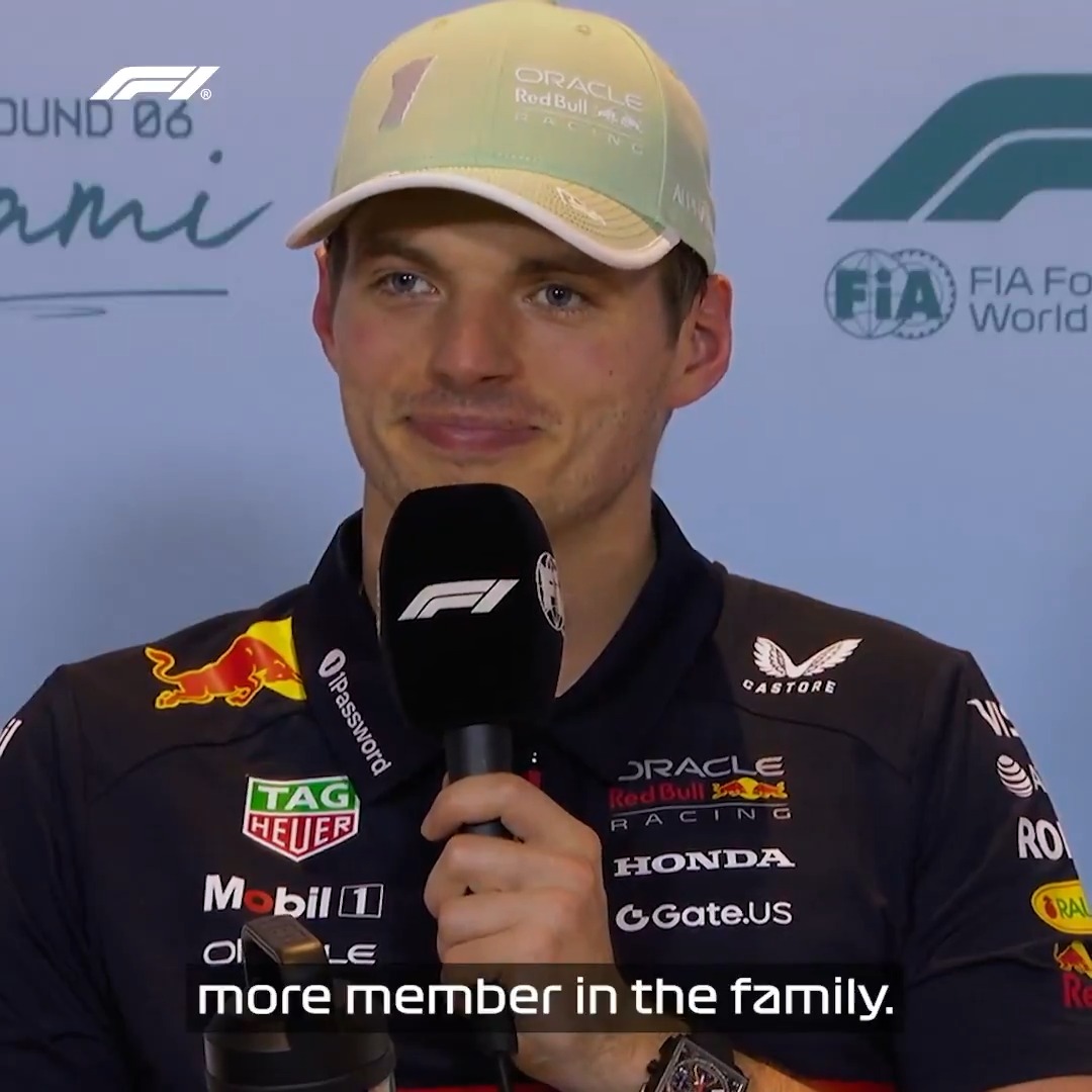 "Clearly it didn't make me slower" 👀 Adding one more member to the family hasn't slowed Max down one bit 💨 #F1 #MiamiGP