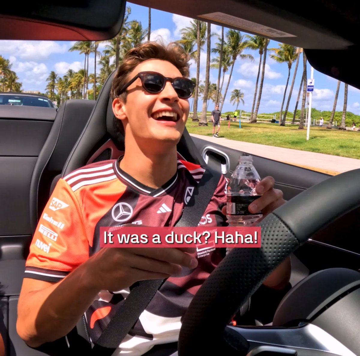 "I got so scared... I thought it was a shark or something!" 🦈😨 Join George and Kimi for a drive around Miami 📺👇
