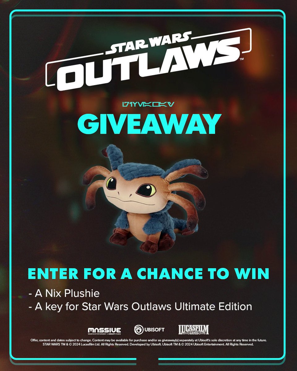 Celebrate #StarWarsDay with Nix and #StarWarsOulaws! To get your hands on a Nix Plushie and the Ultimate edition of Star Wars Outlaws, simply tell us which Star Wars Outlaws character is your favorite! Terms and conditions apply: