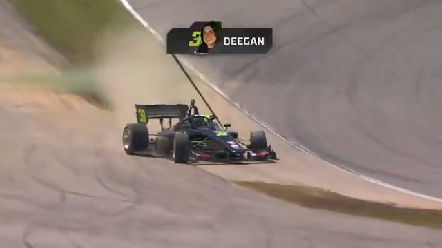 Hailie Deegan with some trouble at the exit of Turn 1. #INDYNXT