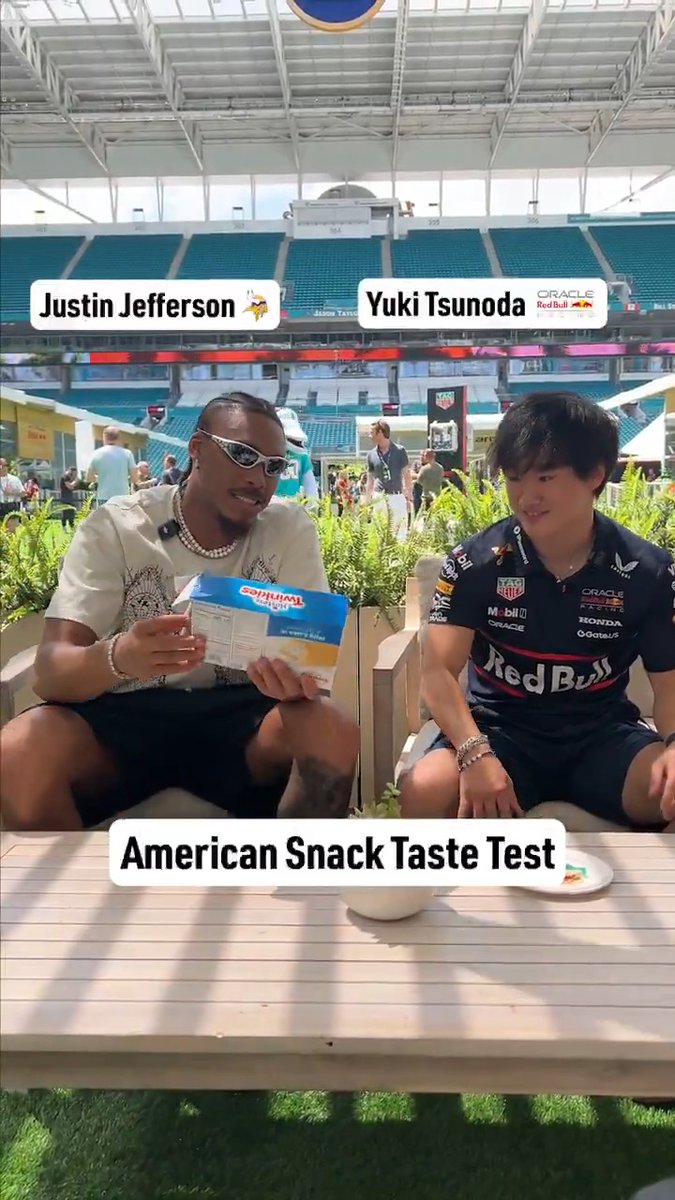 Yuki Tsunoda tests American snack foods with Justin Jefferson at Miami F1 🤣