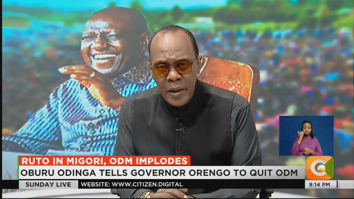 Ruto In Migori, ODM Implodes: Oburu odinga tells Governor Orengo to quit ODM Orengo has been critical of ODM praising the government Oburu: Don’t vomit at us from inside Ruto says ODM and UDA deal not a competition #CitizenSundayLive Jeff Koinange, MBS Olive Burrows