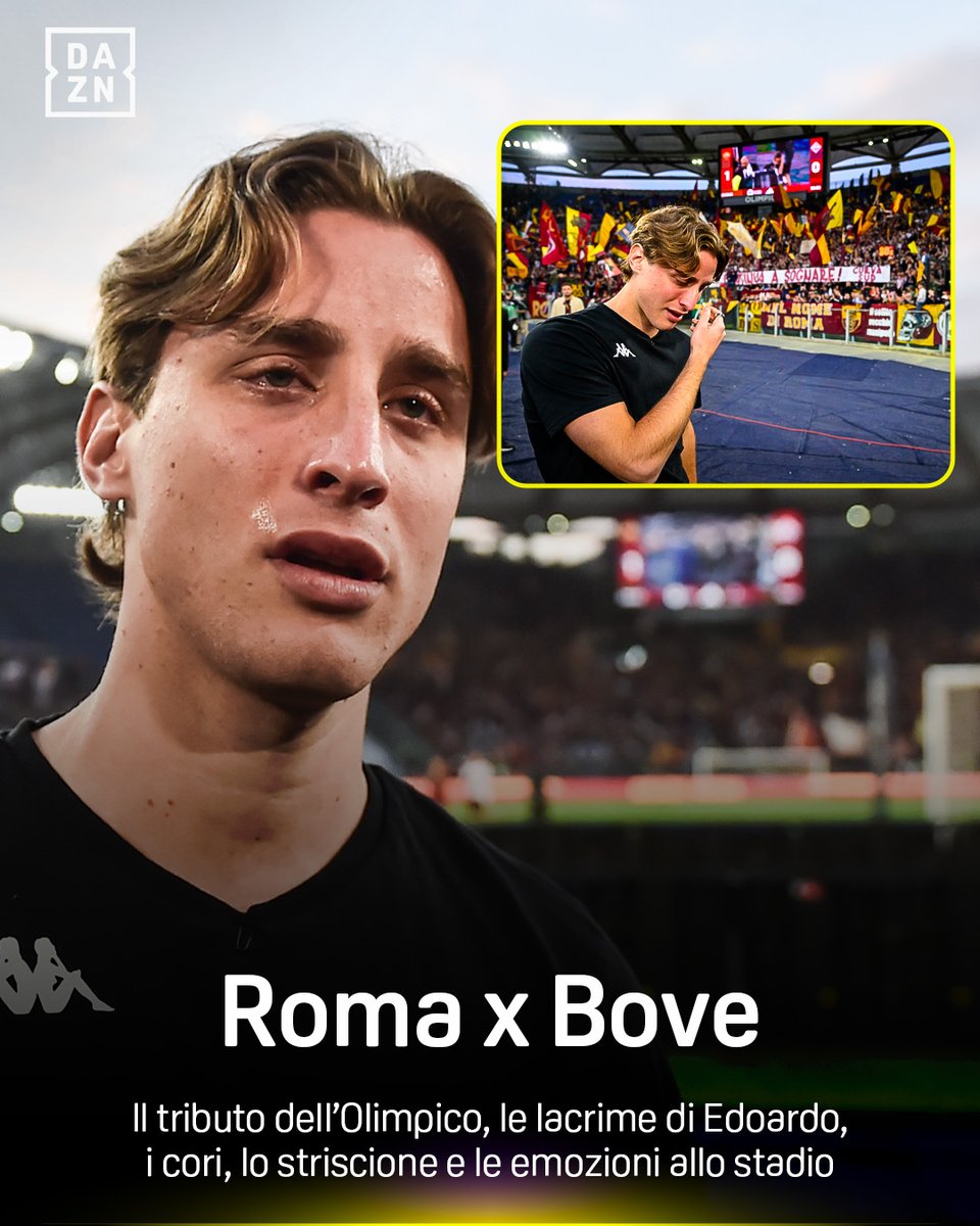 𝐑𝐨𝐦𝐚 𝐱 𝐁𝐨𝐯𝐞: 🫂👏🥹 Le lacrime di Edo, lo striscione della Curva Sud, l'abbraccio dell'Olimpico: emozioni al termine di #RomaFiorentina 🥲🏟️ #Bove #SerieAEnilive #DAZN
