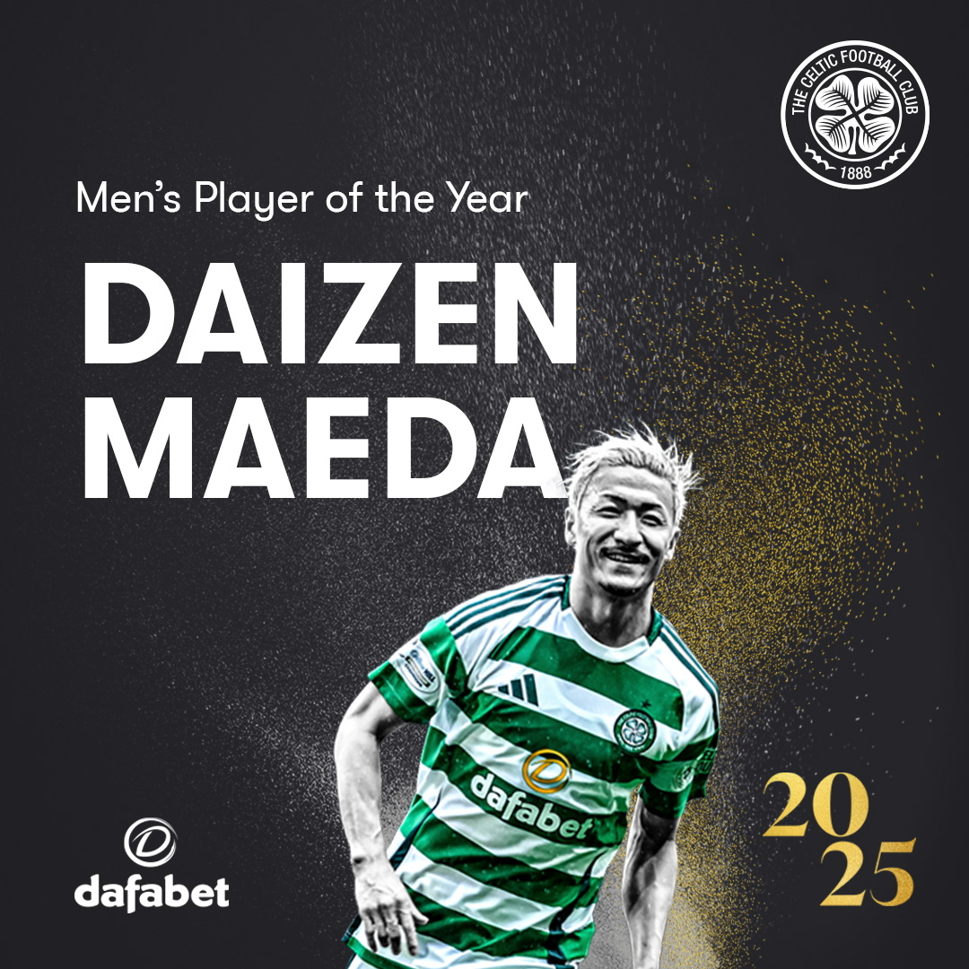 🏆 The 2025 Men’s Player of the Year, sponsored by Dafabet, is Daizen Maeda! That’s three awards on the night for Daizen, a season defined by goals, grit and unmatched energy⚡️ #CelticPOTY🥇 | #CelticFC🍀🏆