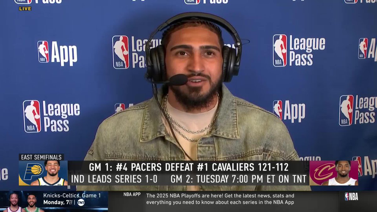 "It all starts with Ty. He does a great job controlling this train & we're just riding with him" 🗣️ Obi Toppin spoke with Jalen Rose & Dominique Wilkins 🏀 after Pacers stole Game 1 in Cleveland