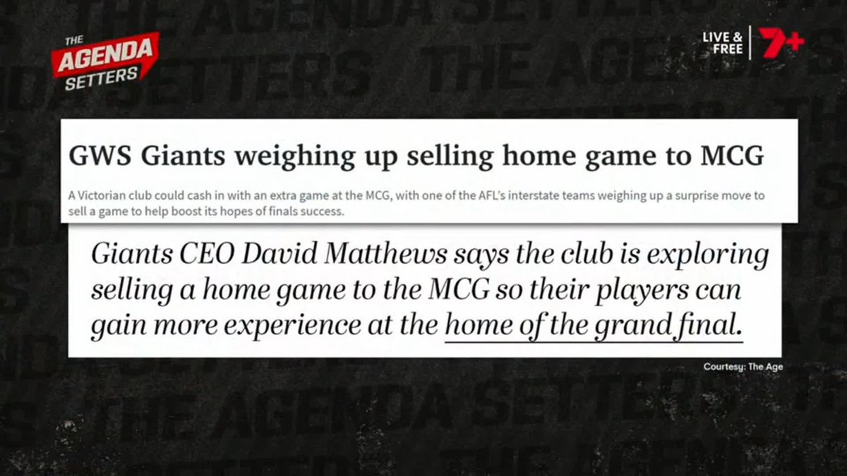 "We don't need them in Melbourne adding to their résumé for the grand final ... they need to be in their heartland." The Giants are considering playing a home game at the MCG 👉