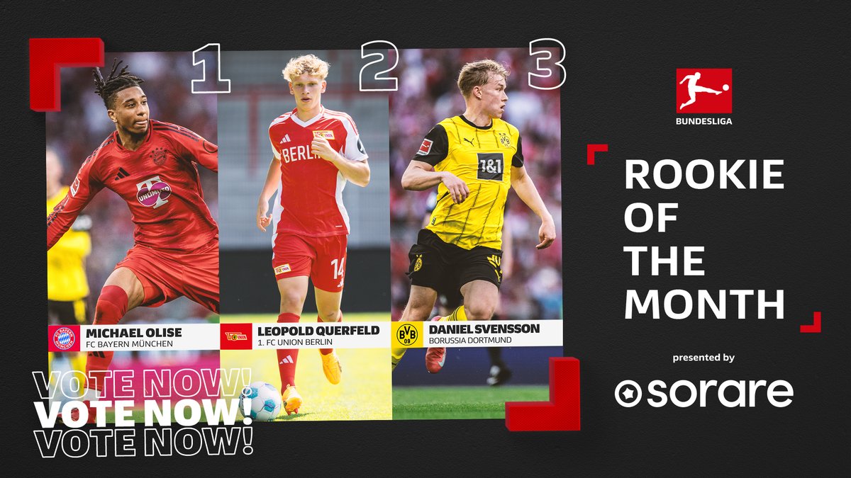 🇫🇷 Michael Olise x FC Bayern 🍻 🇦🇹 Leopold Querfeld x @FCUnion_En 🔨 🇸🇪 Daniel Svensson x Borussia Dortmund 🐝 Help pick April's #BLRookie of the Month! 🌟 Vote now 🔗 Sorare | #Sorare | #Bundesliga