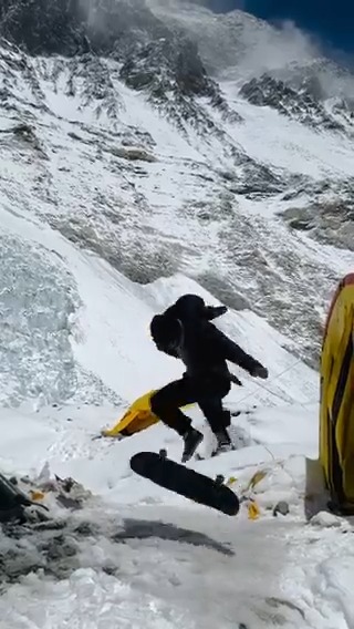 On his way to the top of Mount Everest, DARBY ALLIN hits a kickflip at 20,958 feet!