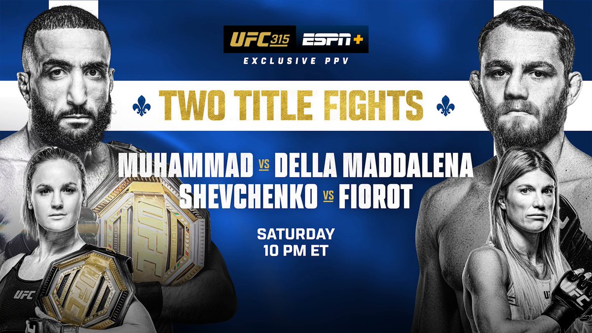 Two massive title fights headline #UFC315 in Montreal 🏆🏆 Saturday, 10 PM ET | ESPN+ PPV 🍿