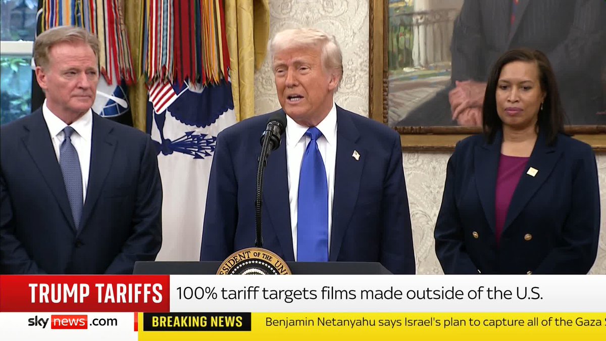 President Trump says the US film industry has been 'decimated by other countries' as he announces a 100% tariff on films made outside of the US. 📺 Sky 501, Virgin 602, Freeview 233 and YouTube