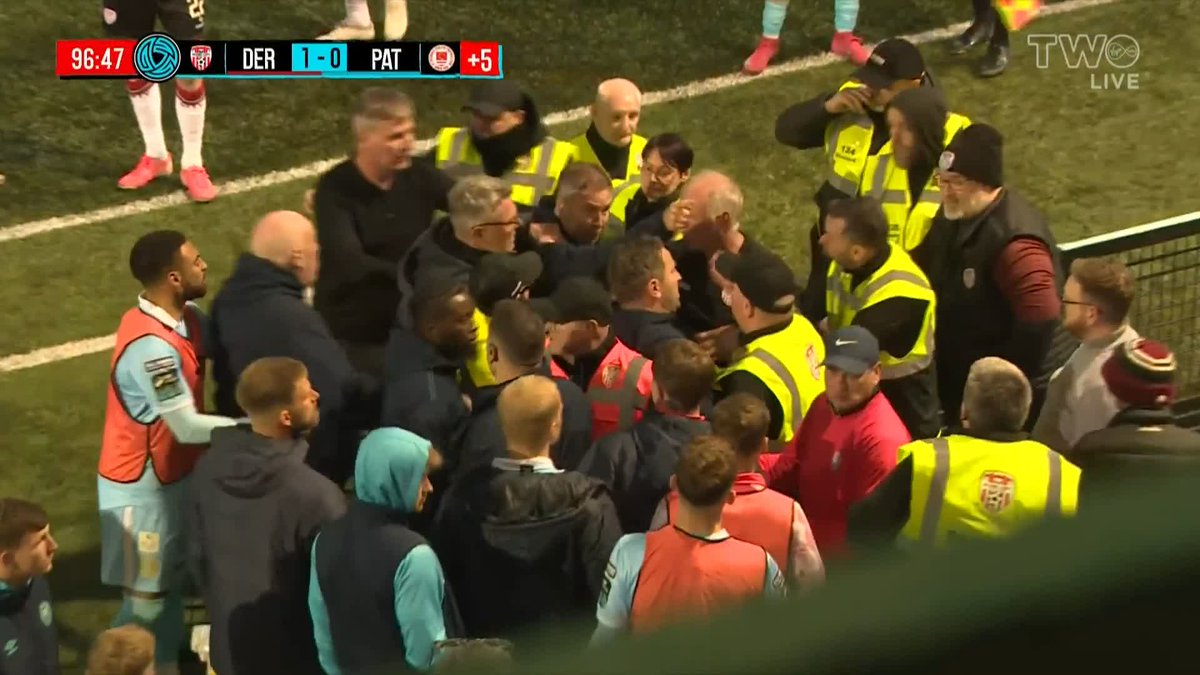 Poor scenes at the Ryan McBride Brandywell with a clash between the home fans and the St Pat's bench before full-time. St Pat's coach Sean O'Connor and one other member of the Saints squad shown red cards.