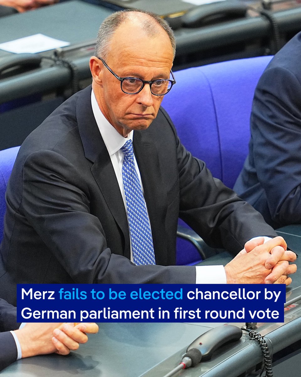 🇩🇪 | URGENTE: Friedrich Merz no logró la mayoría en la primera vuelta de las elecciones para convertirse en el próximo canciller alemán. No alcanzó el número de votos necesario, con 310 de los 316 necesarios. Así fue su reacción: