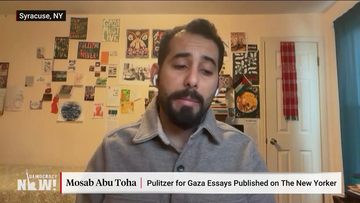 Palestinian poet Mosab Abu Toha has just won a Pulitzer Prize for his writing on Gaza. He says it's a bittersweet moment that he cannot fully celebrate due to the ongoing and intensifying Israeli genocide. "This honor has brought to me tears and joy," he says.