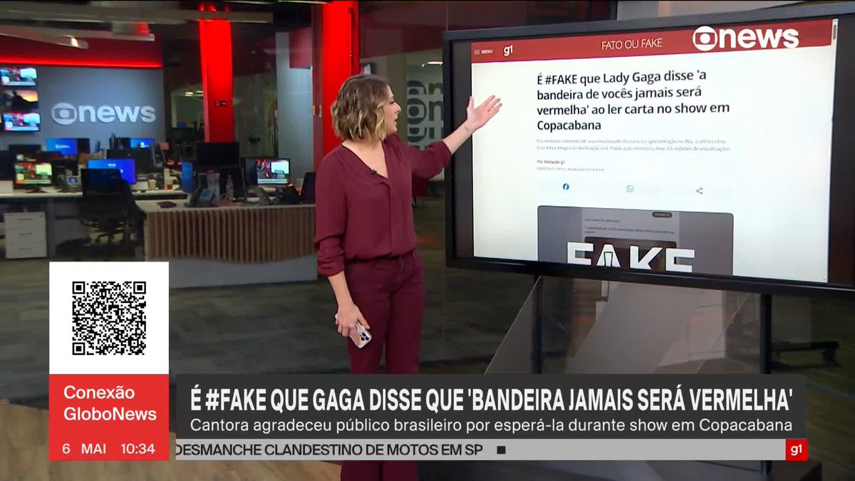 É #FAKE que Lady Gaga disse “a bandeira de vocês jamais será vermelha” ao ler carta no show em Copacabana. Confira checagem do #FATOouFAKE do g1. ➡ Assista ao #ConexãoGloboNews: #GloboNews #ladygaga
