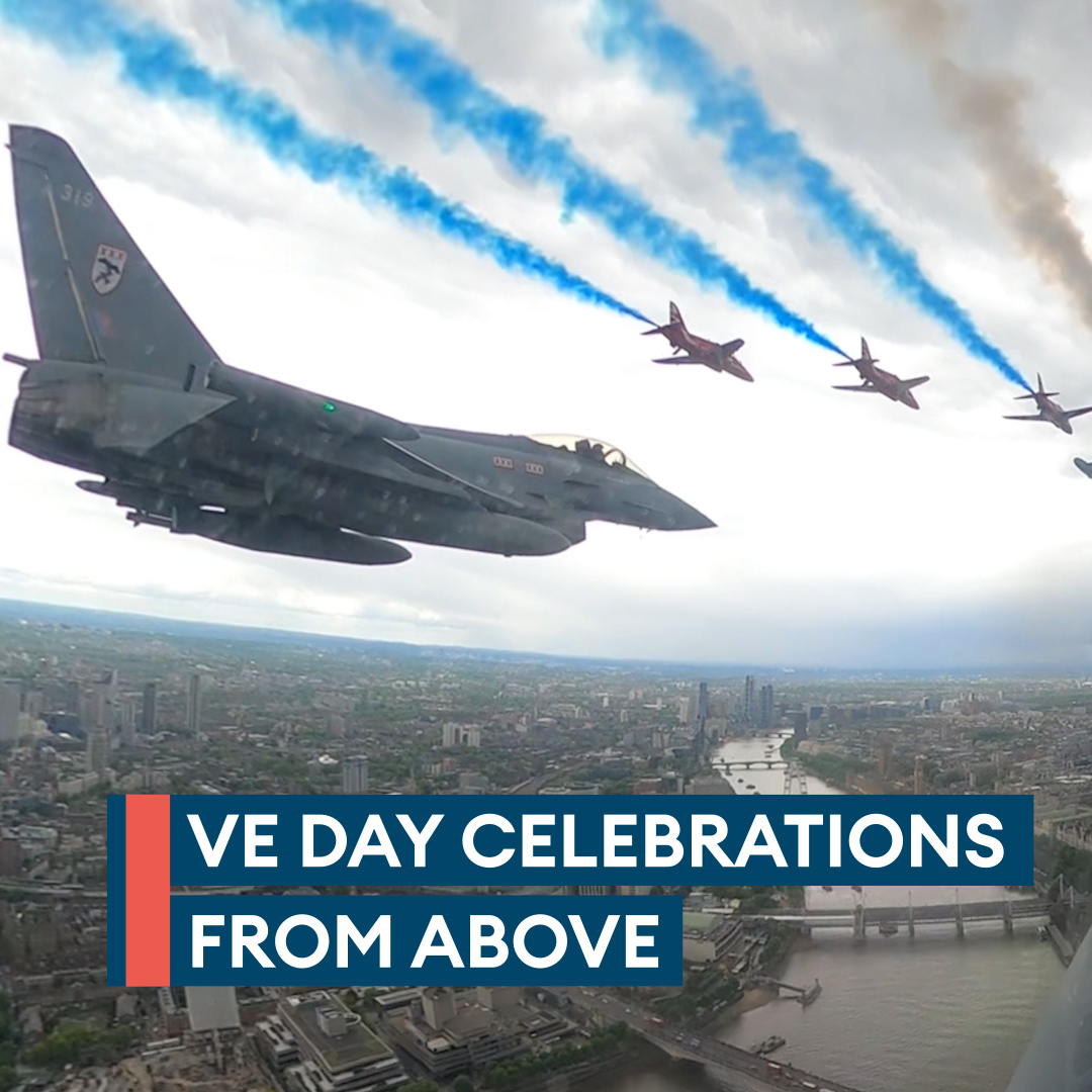 Soaring through the skies to remember and honour the brave✈️ The RAF has released a stunning view from the cockpit of a Typhoon, showing off their view of the Red Arrows during the flypast over Buckingham Palace🤩 Enjoy the #VEDay celebrations from above London👀📺