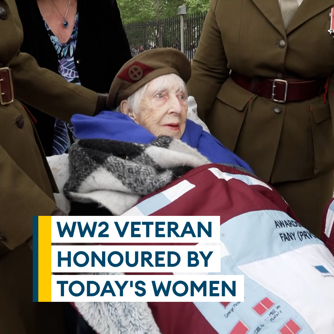 Special inspection🫡🧐 FANY SOE veteran, Barbara Bunce, aged 101, met with First Aid Nursing Yeomanry women at #VEDay80 celebrations. Barbara served as a wireless telegrapher, receiving messages from SOE agents. Watch her inspecting the women following in her footsteps📺👇
