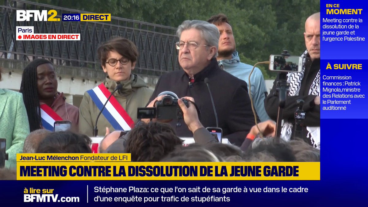 Jean-Luc Mélenchon, lors du meeting contre la dissolution du groupe antifasciste La Jeune Garde : "Beaucoup de gens croient que l'autoritarisme est la suite normale de l'autorité" #BFM2