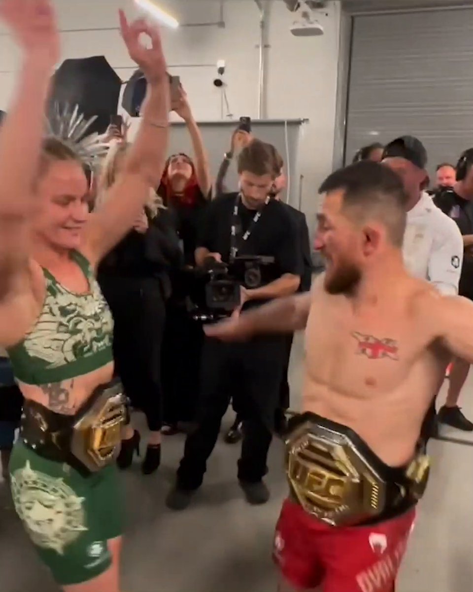 Merab Dvalishvili and Valentina Shevchenko were dancing after becoming champions on the same night last year 🕺 #UFC315