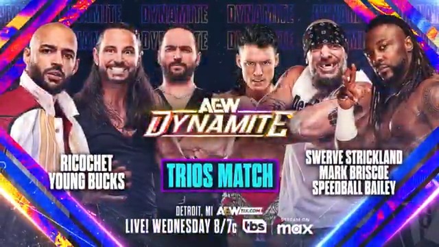 TOMORROW, 5/7 Detroit, MI #AEWDynamite 8ET/7CT on TBS + MAX After last week’s sneak attack by The EVPs, @SwerveConfident looks for payback when he teams with Speedball Mike Bailey + Mark Briscoe vs the trio of Matthew & Nicholas Jackson + Ricochet live on TBS + MAX TOMORROW!