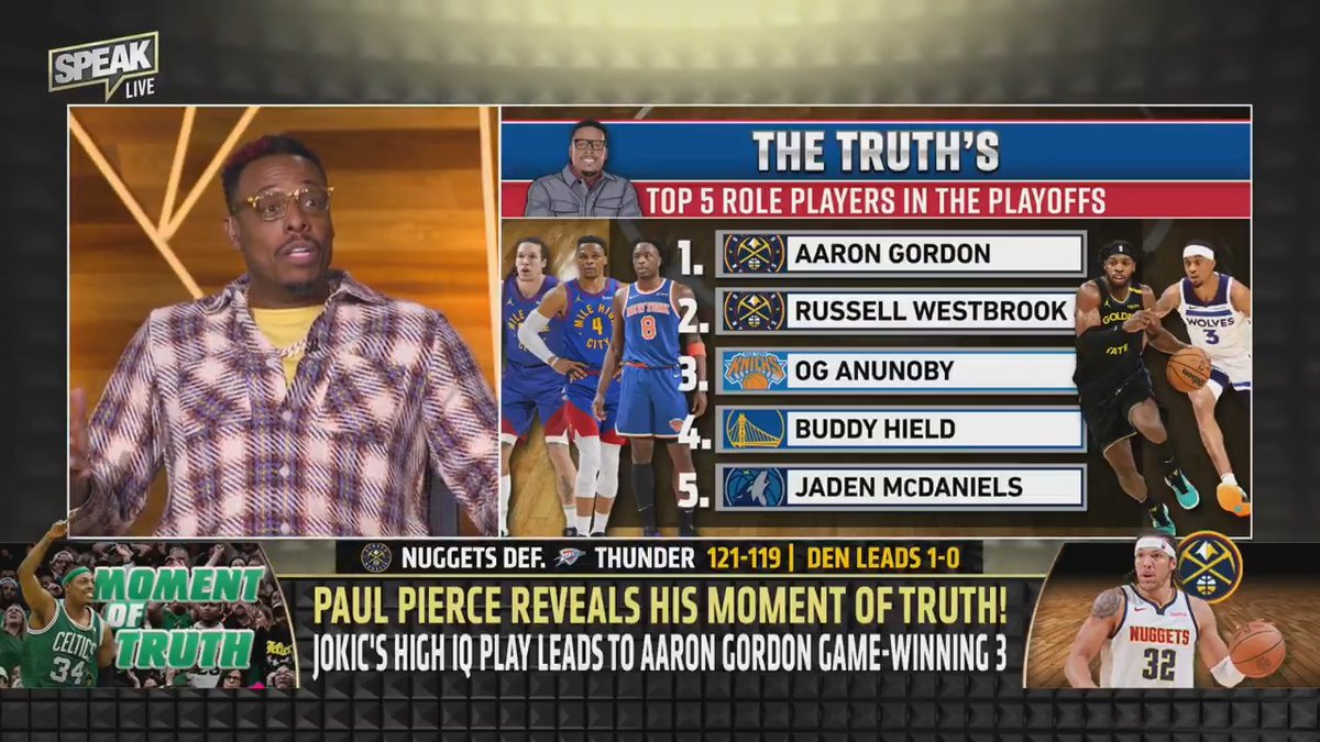 .Paul Pierce gives us his top 5 role players in the playoffs. 1. Aaron Gordon 2. Russell Westbrook 3. OG Anunoby 4. Buddy Hield 5. Jaden McDaniels