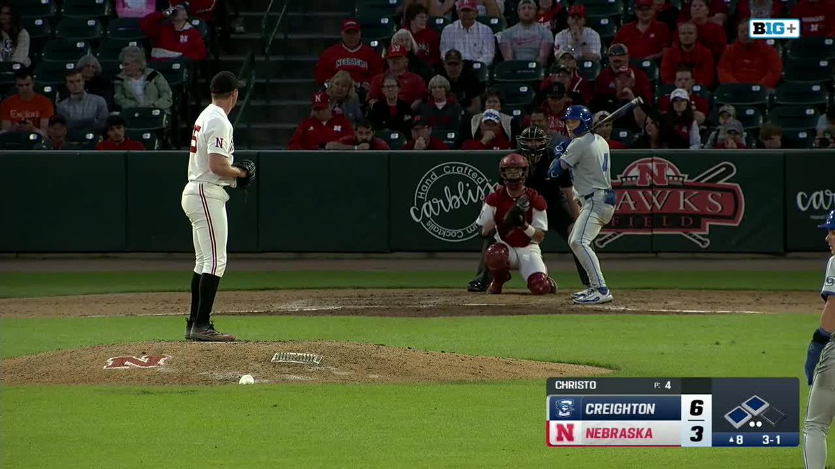 .Drew Christo comes in and works around a two on, two out jam. Due up: Bolin, Brumbaugh, Swansen M8 | Huskers 3, Bluejays 6