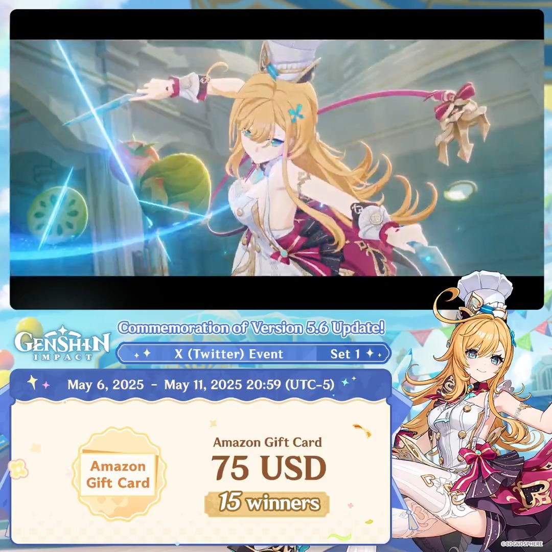 ✨Set 1✨ Commemoration of Version 5.6 Update 🎁Participate in the event for a chance to win a $75 Amazon gift card. How to Participate: ① Follow Genshin Impact ② Retweet this post You can instantly check the event results here>>> #GenshinImpact